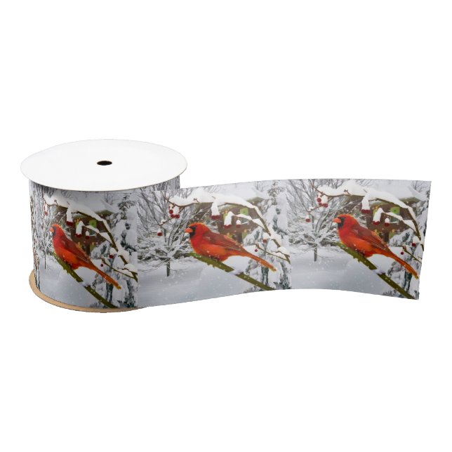 Ruban En Satin Noël, oiseau cardinal rouge et neige (Bobine)