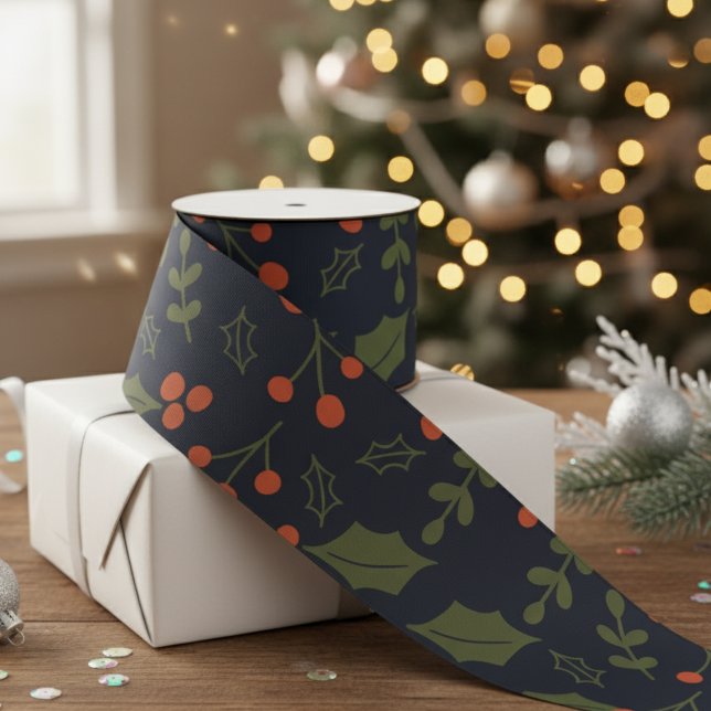Ruban En Satin Noël Vacances Modernes Foliage Holly Green (Créateur téléchargé)