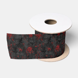 Ruban En Satin Noir avec des roses rouges et des corbeaux noirs –
