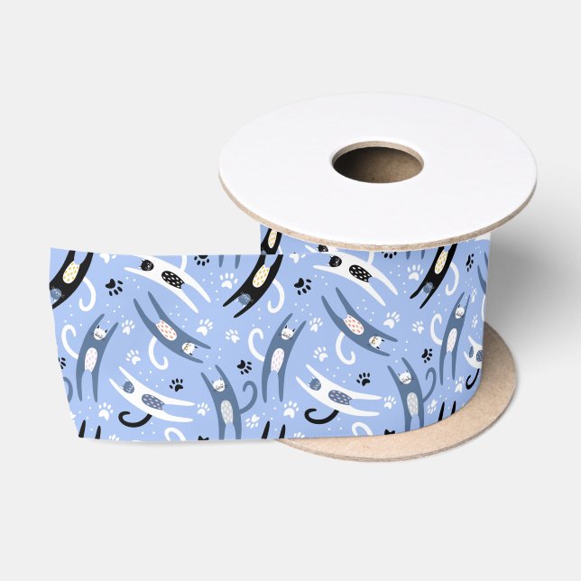 Ruban En Satin Noir Blanc Bleu amusant Motif de chat (Bobine)