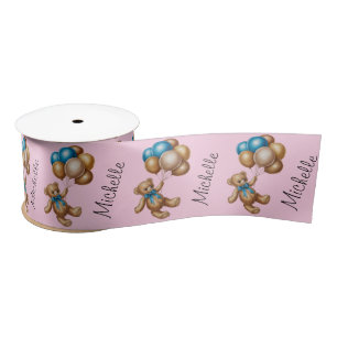 Ruban En Satin Nom personnalisé Cute Bear Gold Blue Ballons