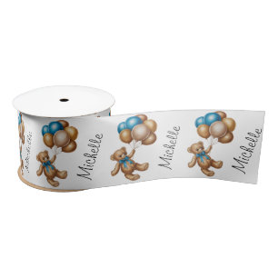 Ruban En Satin Nom personnalisé Cute Bear Gold Blue Ballons