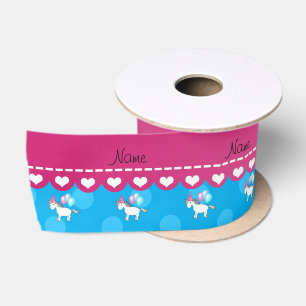 Ruban En Satin Nom personnalisé unicorne bleu pois