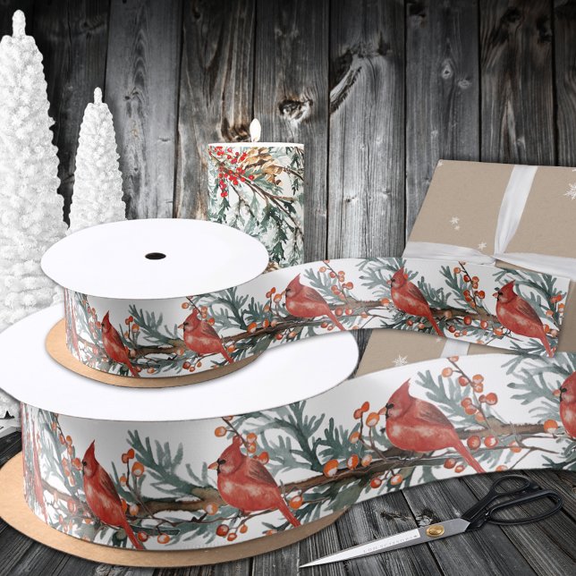Ruban En Satin Nourriture D'Hiver Des Oiseaux Cardinaux Rouges Su (Red Cardinal Winter Feeding On Ilex Berries Satin Ribbon In 1
.5 & 3 Inch Widths)