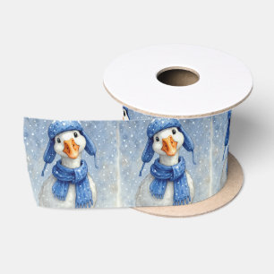 Ruban En Satin Oie blanche de Noël en chapeau et écharpe bleus