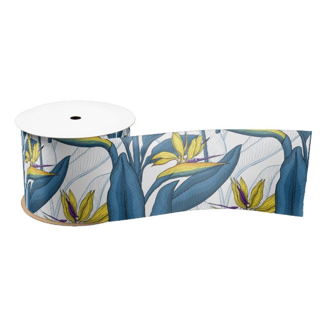 Ruban En Satin Oiseau de fleurs de paradis sur blanc (Bobine)