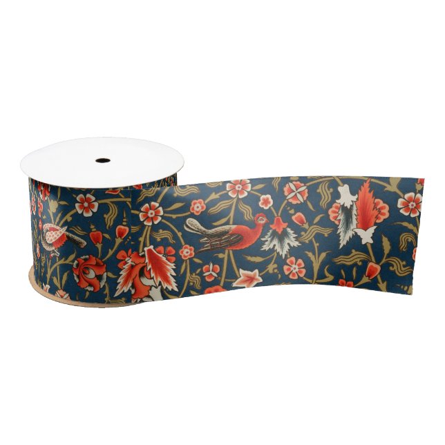 Ruban En Satin Oiseau et fleurs Perse Motif bleu rouge (Bobine)