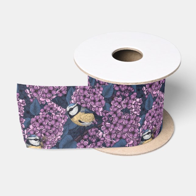 Ruban En Satin Oiseaux dans le jardin violet lilas (Bobine)