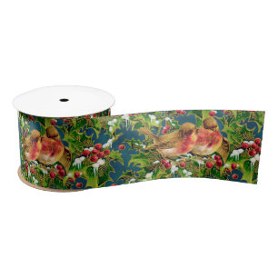 Ruban En Satin Oiseaux de Noël Vintage Holly Faux Motif d'or