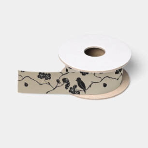 Ruban En Satin Oiseaux et fleurs de cerisier à motif noir sur bro