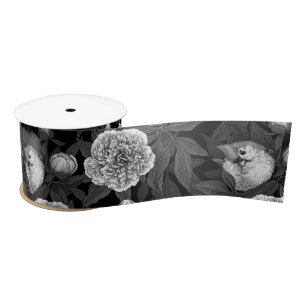 Ruban En Satin Oiseaux et fleurs de pivoines monochromes, gris