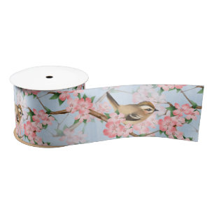Ruban En Satin Oiseaux et fleurs. motif de printemps