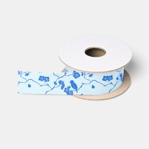 Ruban En Satin Oiseaux sur fleurs de cerisier bleu sur bleu