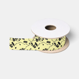 Ruban En Satin Oiseaux sur fleurs de cerisier noir sur jaune citr