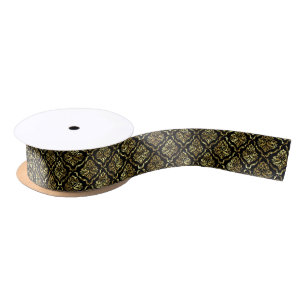 Ruban En Satin Or floral damask brillant sur fond noir