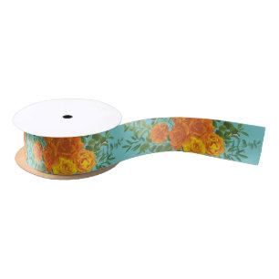 Ruban En Satin Orange et Turquoise Aqua Peony et Rose Floral Mari