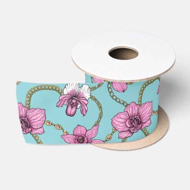 Ruban En Satin Orchidées et chaînes, roses et bleues (Bobine)