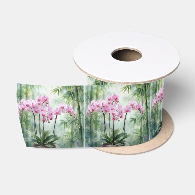Ruban En Satin Orchidées roses éthérées et bambou (Bobine)