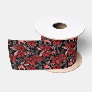 Ruban En Satin Orchidées rouges sur noir.