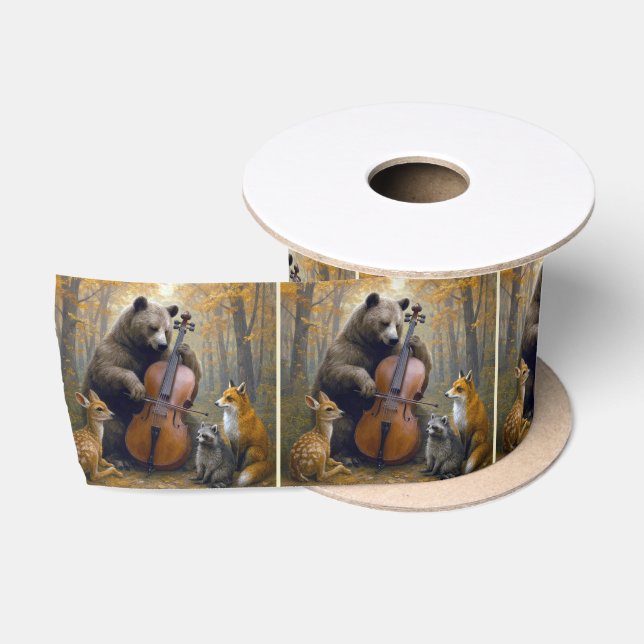 Ruban En Satin Ours jouant du violoncelle dans les bois d'automne (Bobine)