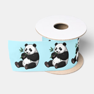 Ruban En Satin Ours Panda Mignon Branchu Avec Bamboo Vert Bleu