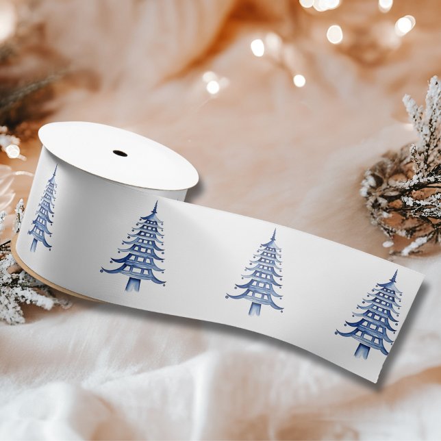 Ruban En Satin Pagode bleue et blanche Arbre de Noël (Blue and white Pagoda Christmas Tree Satin Ribbon)
