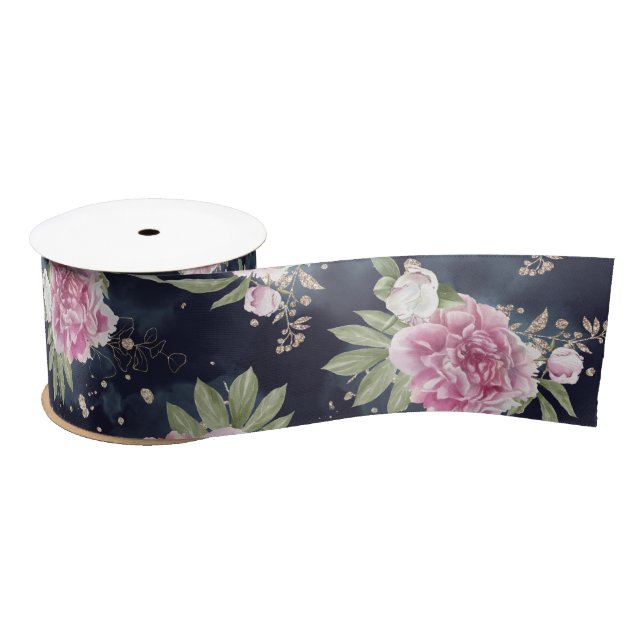 Ruban En Satin Pailleté Aquarelle Rose Bleu Floral Féminin Glam (Bobine)