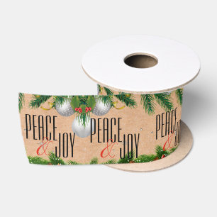 Ruban En Satin Paix et Joie Rustiques Baies Rouges Feuilles Noël