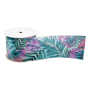 Ruban En Satin Palme rose et Turquoise Tropical & Monstera Feuill