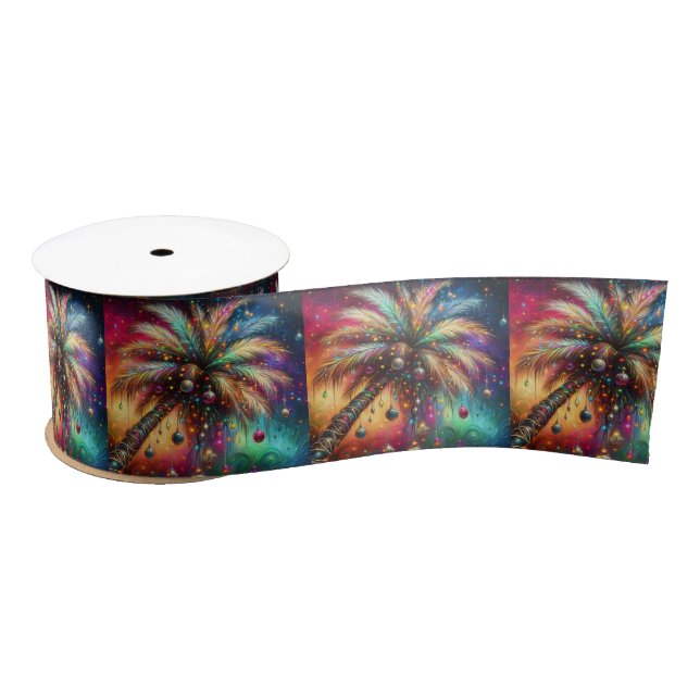 Ruban En Satin Palmier de Noël Whimsical Tropical Beach Vivid (Bobine)