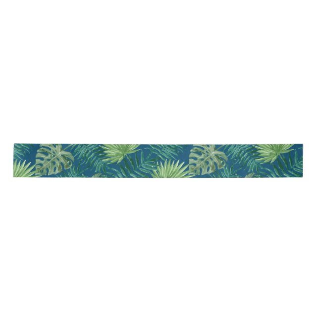 Ruban En Satin Palmier Tropical Feuille Motif Vert turquoise bleu (Devant)