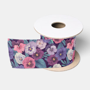 Ruban En Satin Pansies colorées sur violet profond