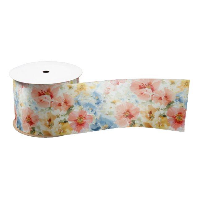 Ruban En Satin Papier Cadeau Fleurs Aquarelle Bohème Fleurs Sauva (Bobine)
