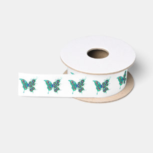Ruban En Satin Papillon aux plumes de paon vert