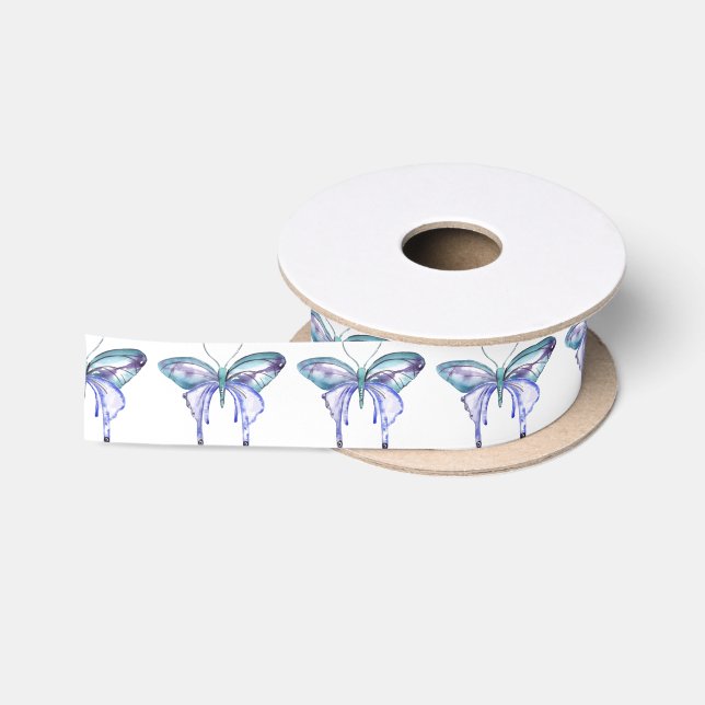 Ruban En Satin Papillon bleu aquarelle Aqua violet (Bobine)