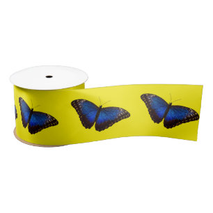 Ruban En Satin Papillon bleu Morpho sur Bright Yellow