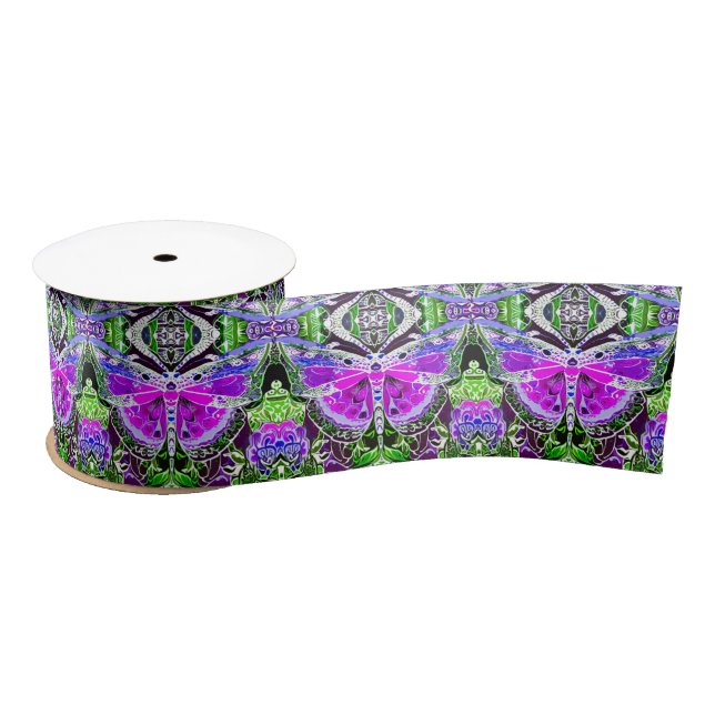 Ruban En Satin Papillon et Médaillon Motif Batik en violet (Bobine)