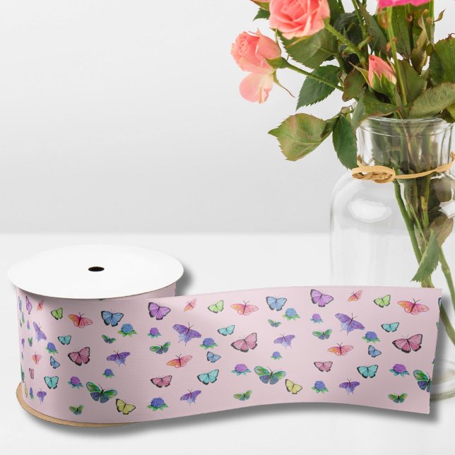 Ruban En Satin Papillons Aquarelle Avec Hydrangeas (Créateur téléchargé)