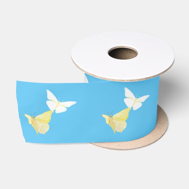 Ruban En Satin Papillons blancs et jaune clair volant bleu (Bobine)