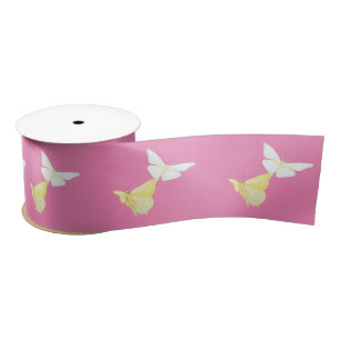 Ruban En Satin Papillons blancs et jaunes clairs volant rose