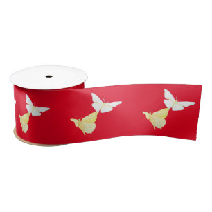 Ruban En Satin Papillons blancs et jaunes clairs volant rouge