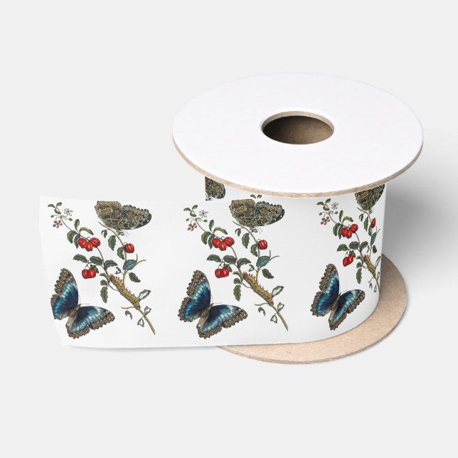 Ruban En Satin Papillons bleus et fruits rouges (Bobine)