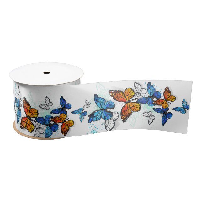 Ruban En Satin Papillons volants Morpho et Monarch (Bobine)