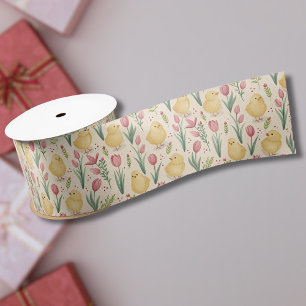 Ruban En Satin Pâques vintage poussins jaunes mignons tulipes rou