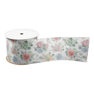 Ruban En Satin Pastel Aquarelle Echievera Succulents Motif