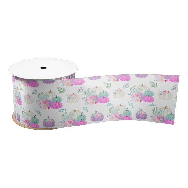 Ruban En Satin Pastel Floral Citrouilles en rose, violet et bleu (Bobine)
