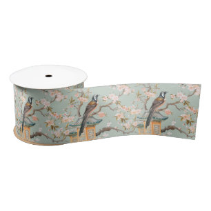 Ruban En Satin Pastel Oriental Oiseaux et fleurs de fruits