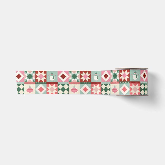 Ruban En Satin Patchwork Noël Rouge, Rose, Vert (Devant)
