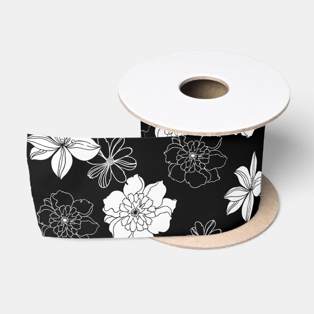 Ruban En Satin Patters de Black & White Floral (Bobine)