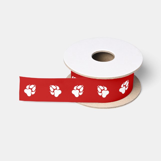 Ruban En Satin Pattes de chien blanches simples sur un fond rouge (Bobine)